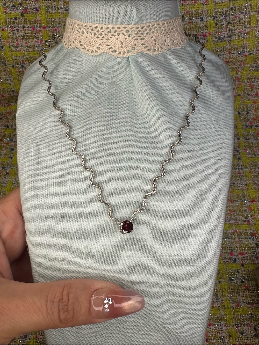 Sterling Silver Wavy Chain Necklace with Red Gem
